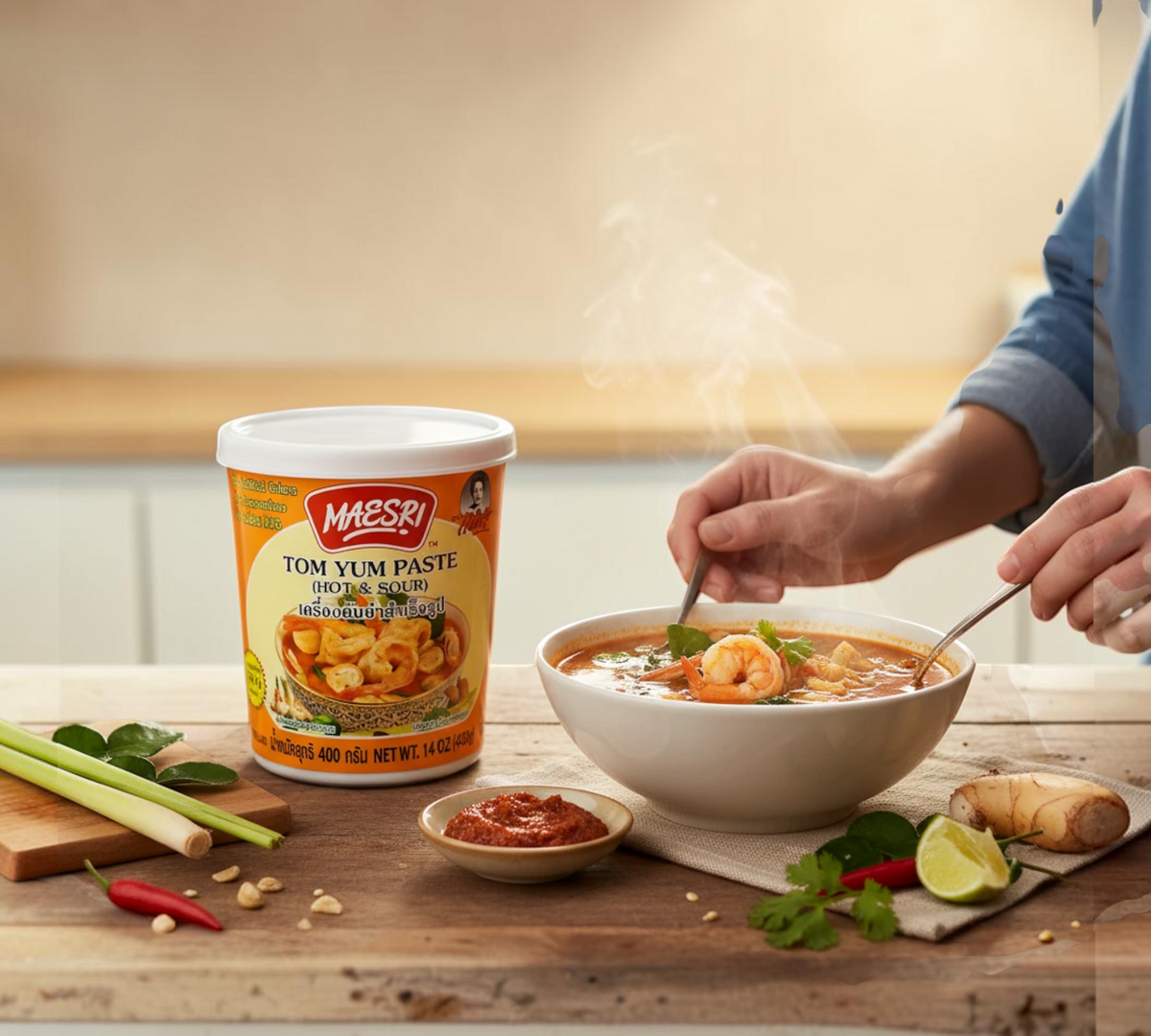 Thai Ranee Mae Sri Tom Yum paste tub next to a bowl of hot and sour shrimp soup with fresh herbs on a wooden table.
