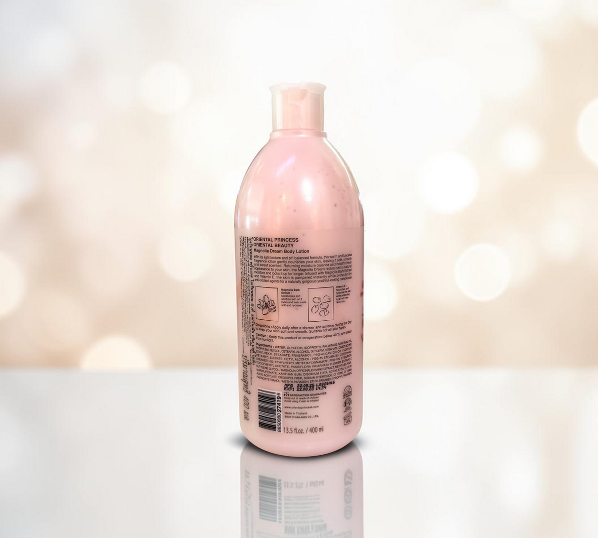 Thai Ranee Oriental Princess Magnolia Dream body lotion bottle back view with product information and ingredients