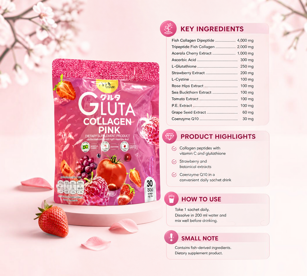 Thai Ranee Manee Gluta Collagen Pink dietary supplement pouch with 30 sachets, featuring fruit and ingredient list.