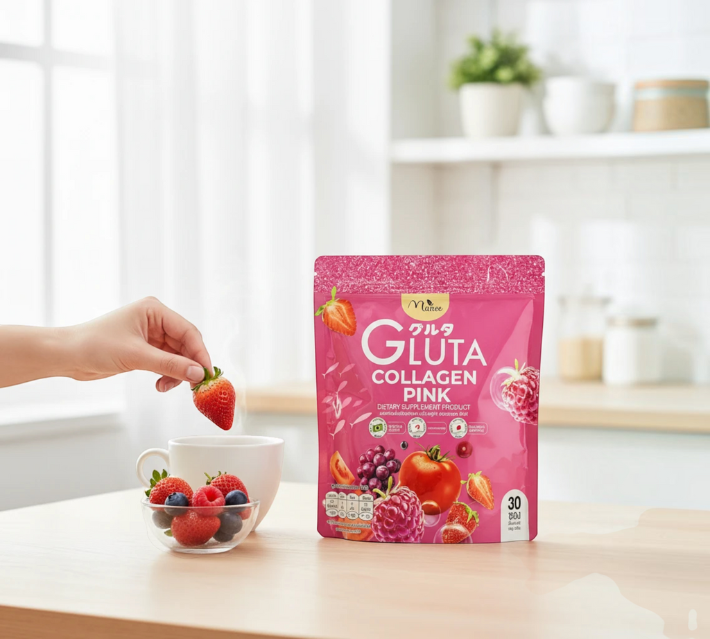 Thai Ranee Manee Gluta Collagen Pink dietary supplement pouch with strawberry and berry imagery on a kitchen table.