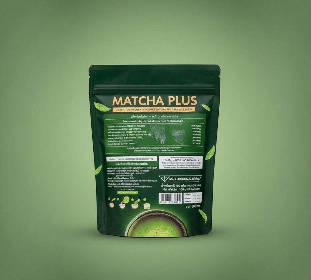 Thai Ranee Jamsai Matcha Plus wheat grass powder supplement in a dark green stand-up pouch with nutritional details.