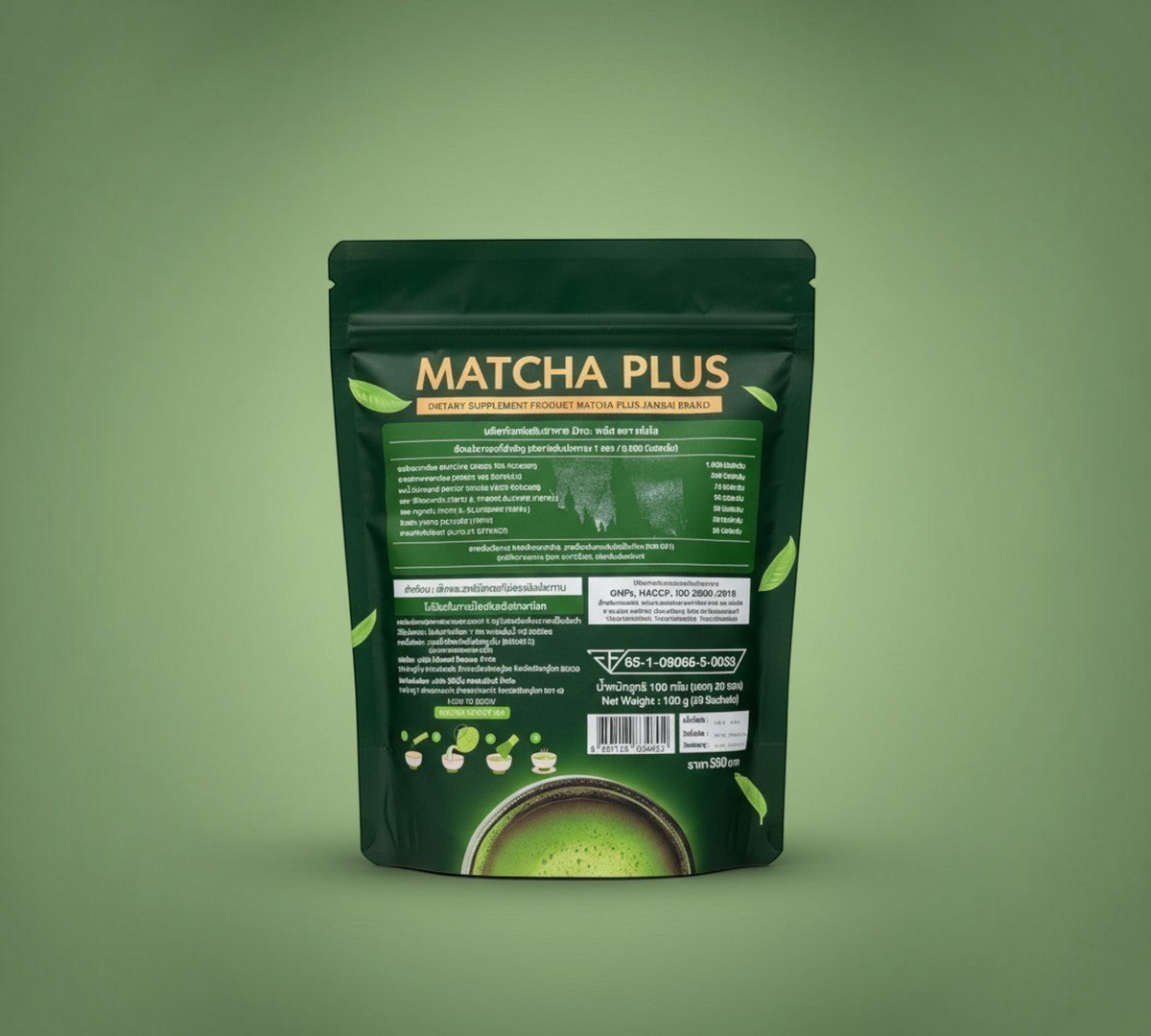 Thai Ranee Jamsai Matcha Plus wheat grass powder supplement in a dark green stand-up pouch with nutritional details.