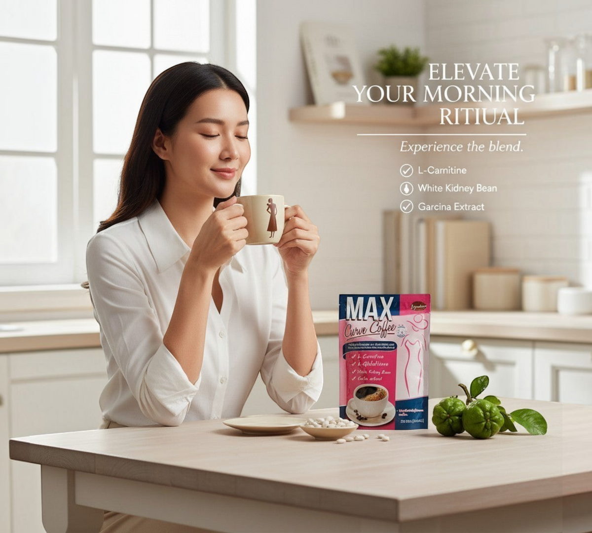 Thai Ranee Max Curve instant coffee drink mix with wellness ingredients, enjoyed by a woman in a bright kitchen.