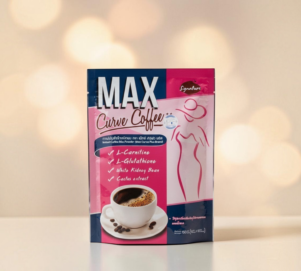 Thai Ranee Max Curve instant coffee powder drink mix in a pink and blue pouch with wellness ingredient highlights
