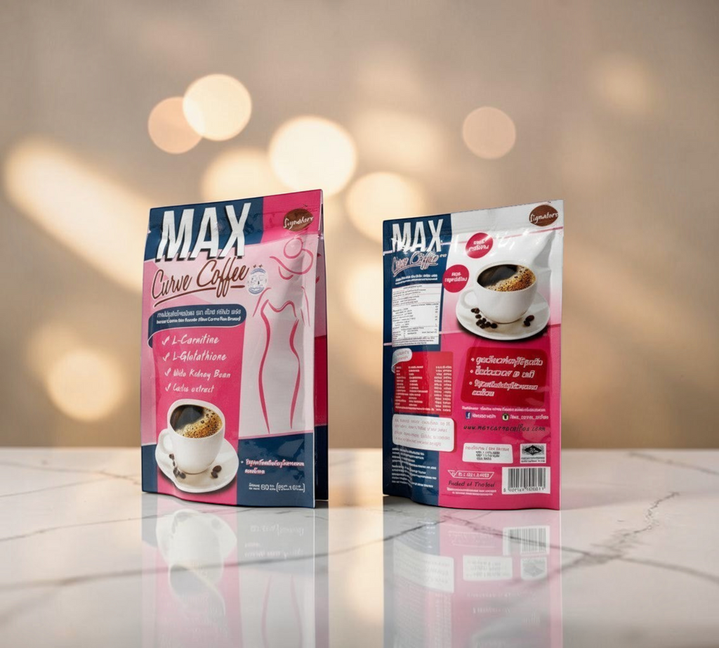 Thai Ranee Max Curve instant coffee powder drink mix pouches featuring L-Carnitine and L-Glutathione in pink packaging