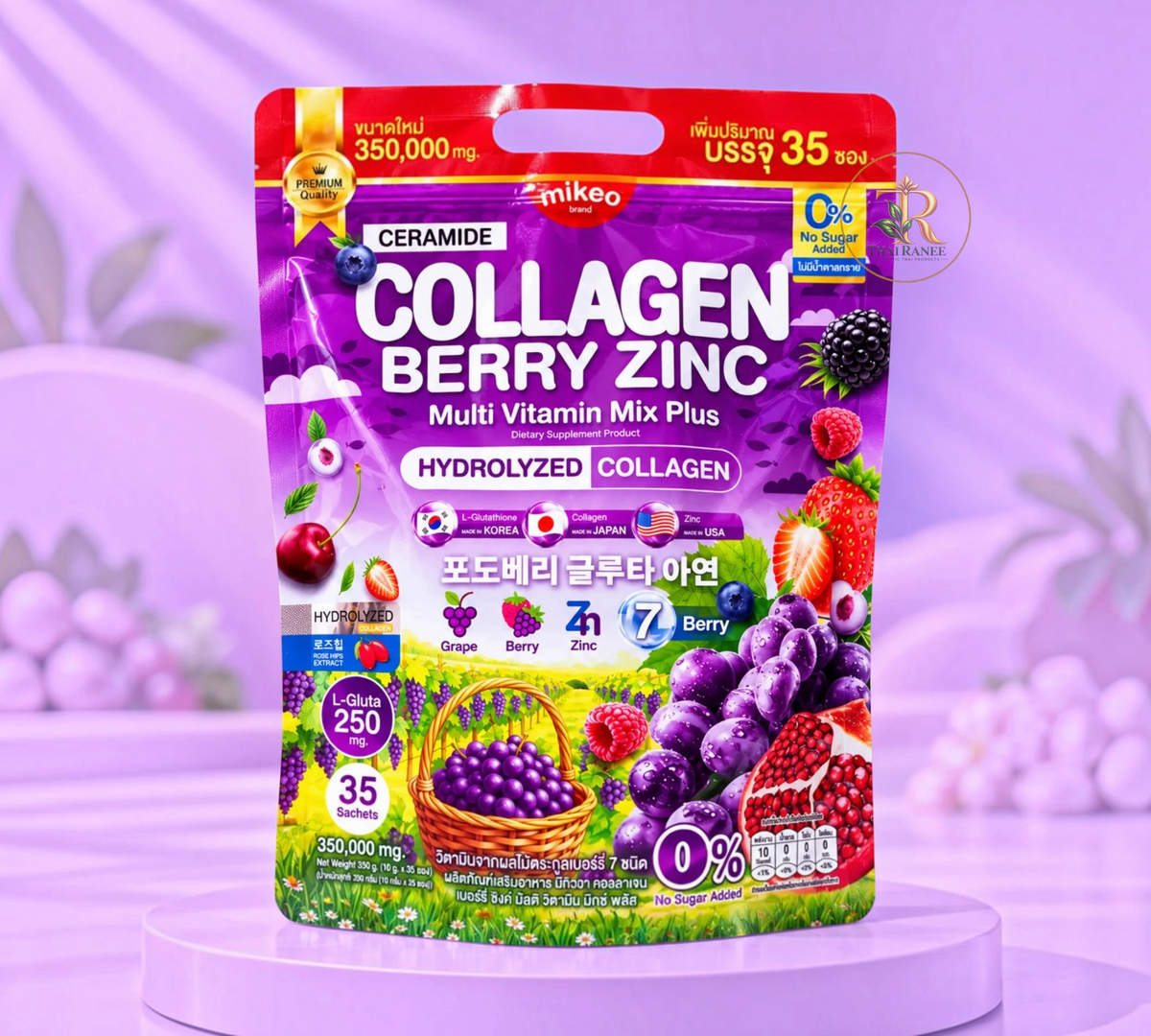 Thai Ranee Mikeo Brand Collagen Berry Zinc supplement sachet pack featuring berry illustrations and health benefits.