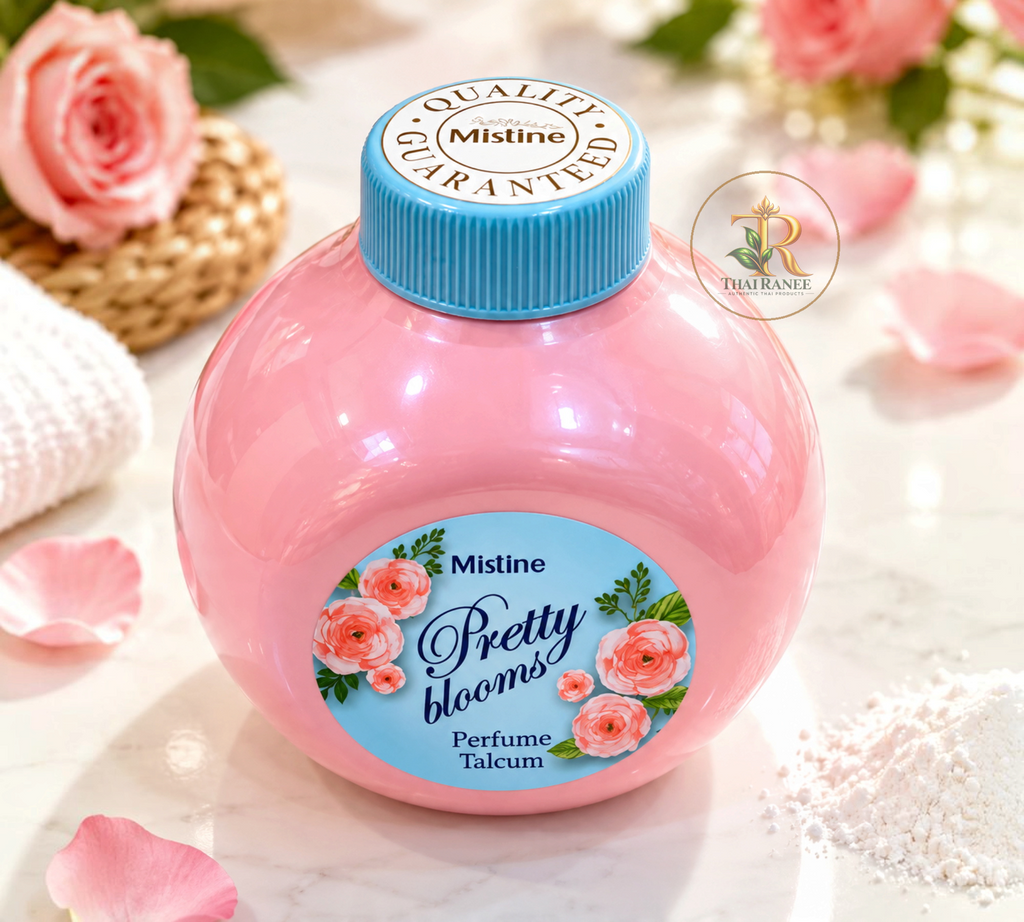 Thai Ranee Mistine Pretty Blooms perfumed talcum powder in a round pink bottle with a blue cap on a floral surface.