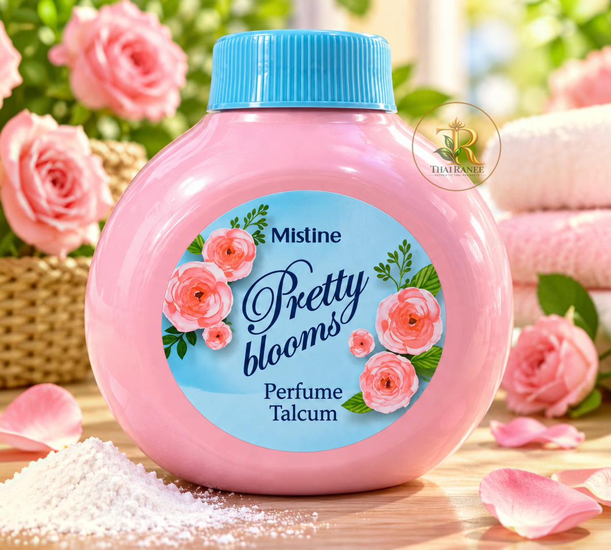 Thai Ranee Mistine Pretty Blooms perfumed talcum powder in a round pink bottle with floral label and rose petals