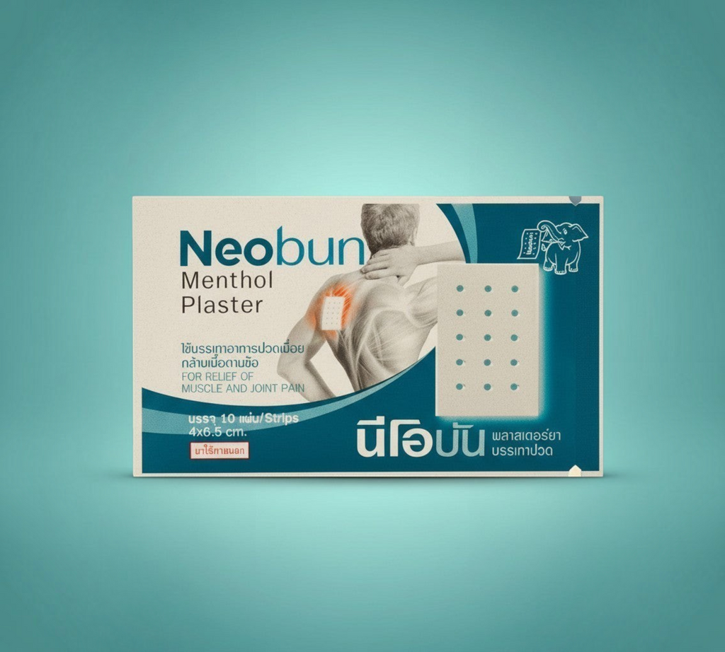 Thai Ranee Neobun menthol medicated plaster strips for muscle and joint pain relief in a 10-pack box.