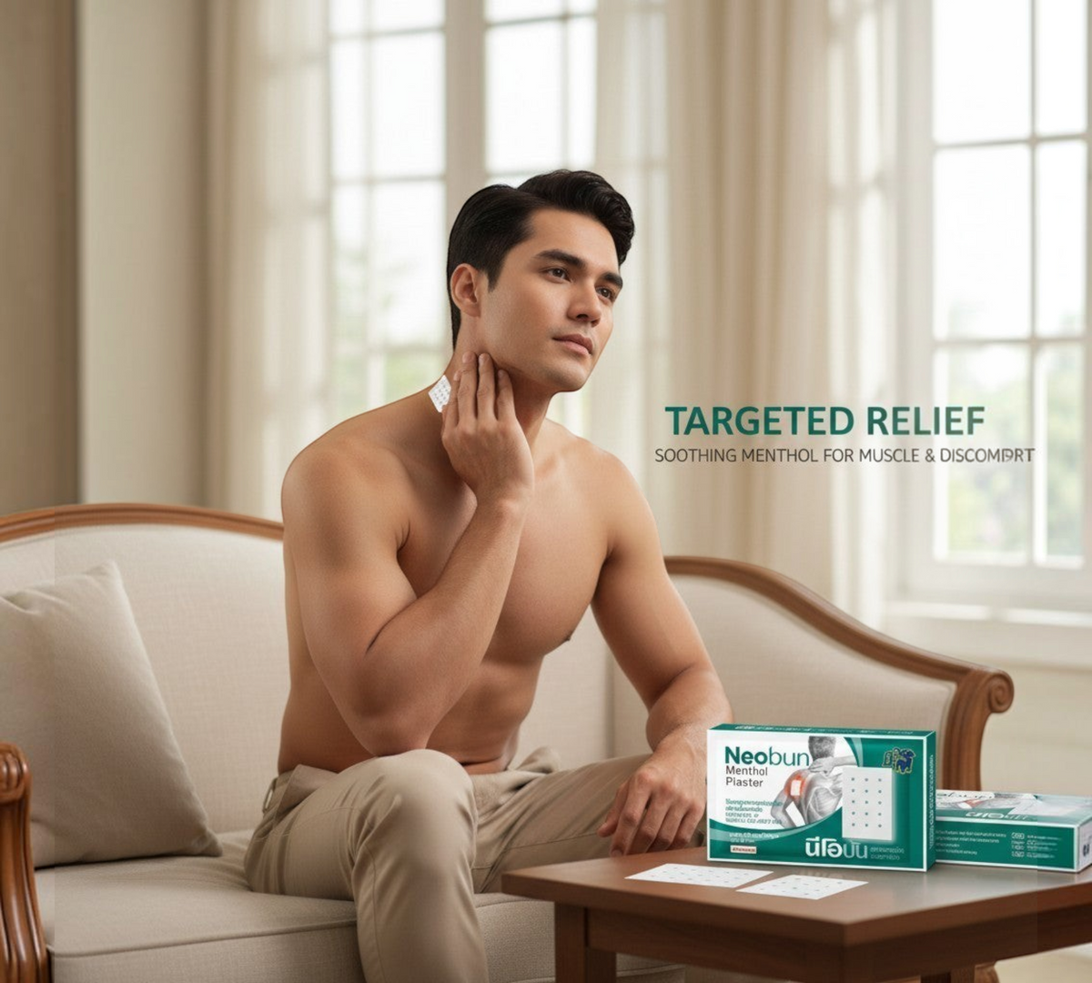 Thai Ranee Neobun menthol medicated plaster applied to a man's neck for soothing muscle and joint pain relief