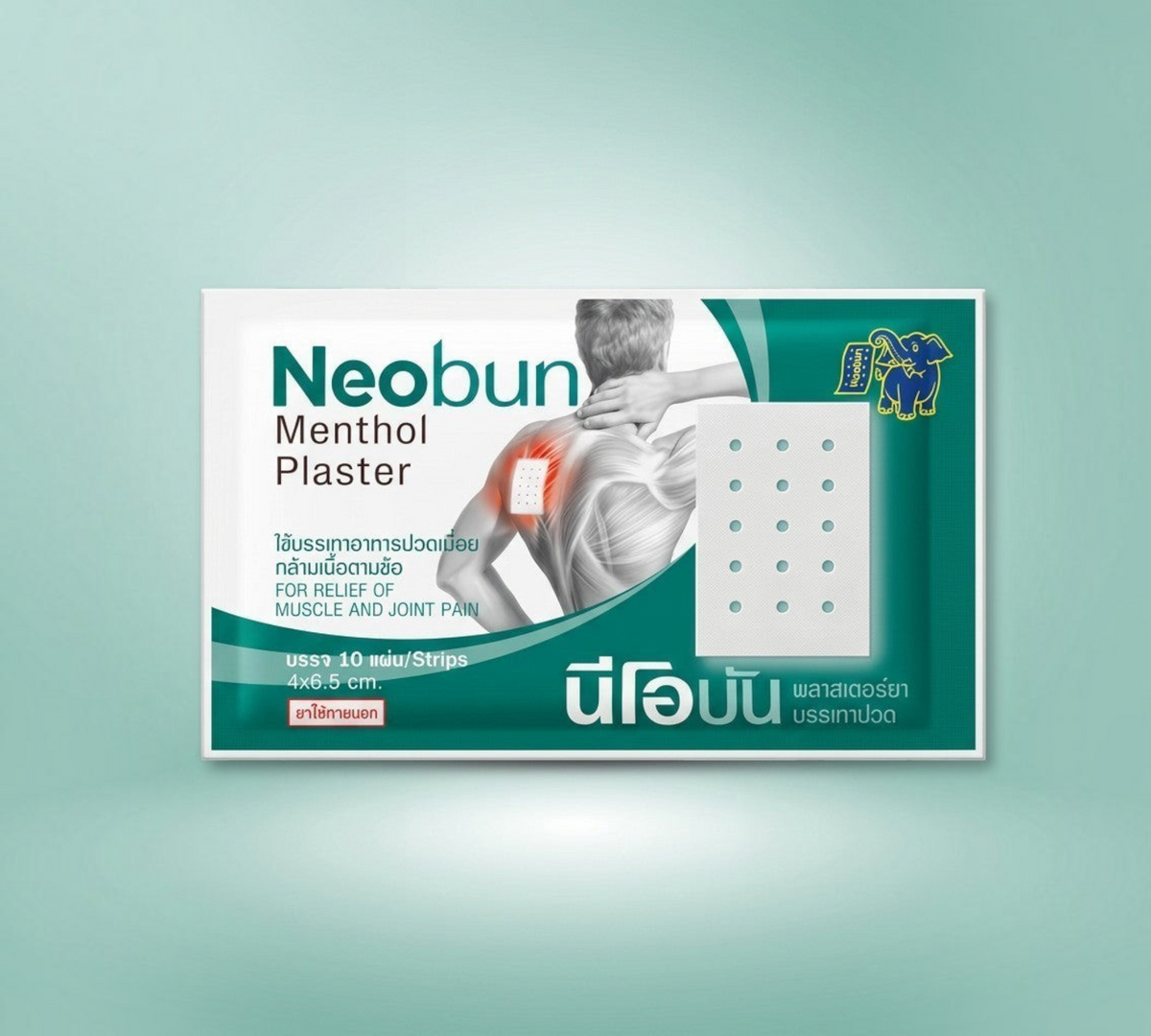 Thai Ranee Neobun menthol medicated plaster strips for muscle and joint pain relief in a 10-count pack