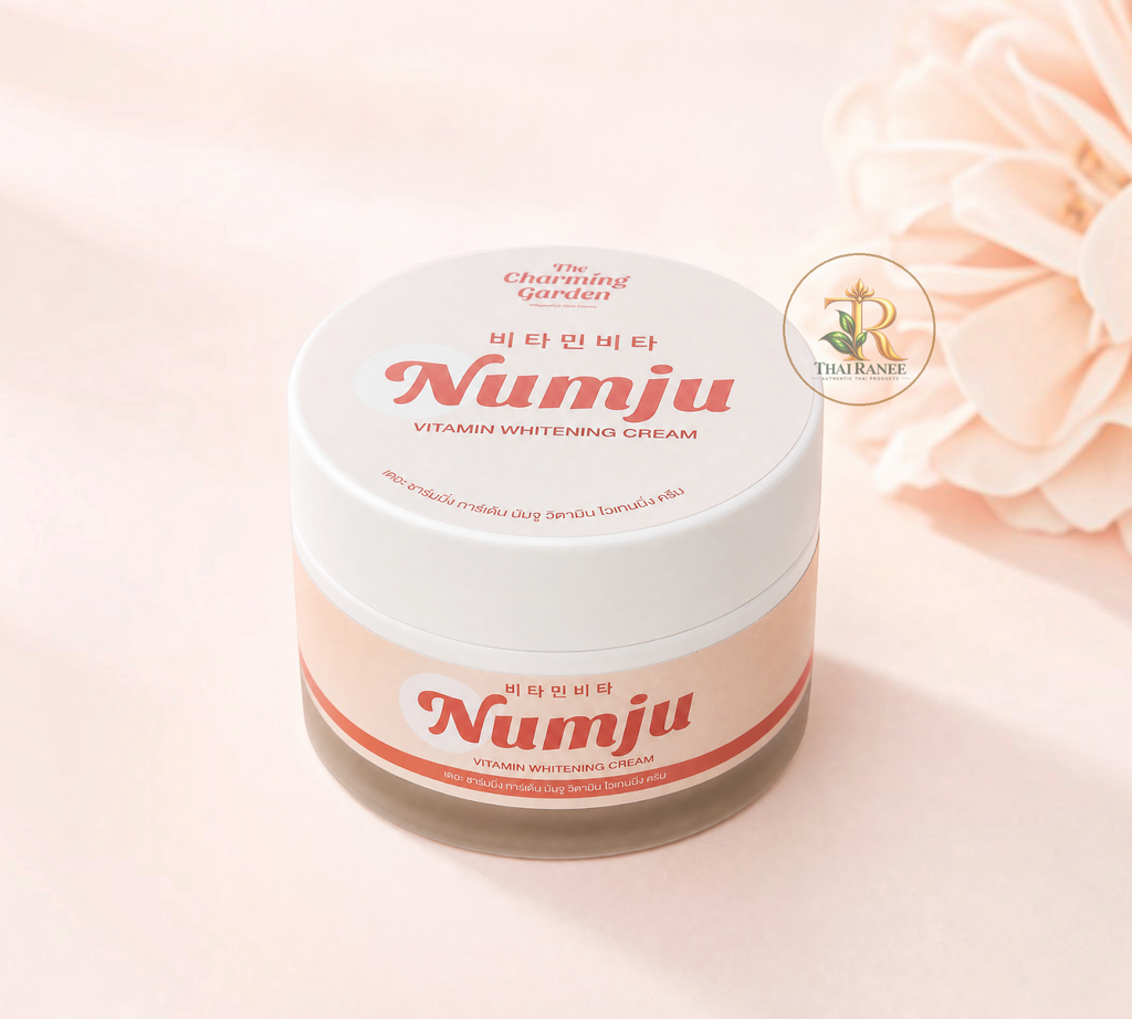 Thai Ranee The Charming Garden Numju Vitamin Whitening Cream in a round jar for face and body skin brightening