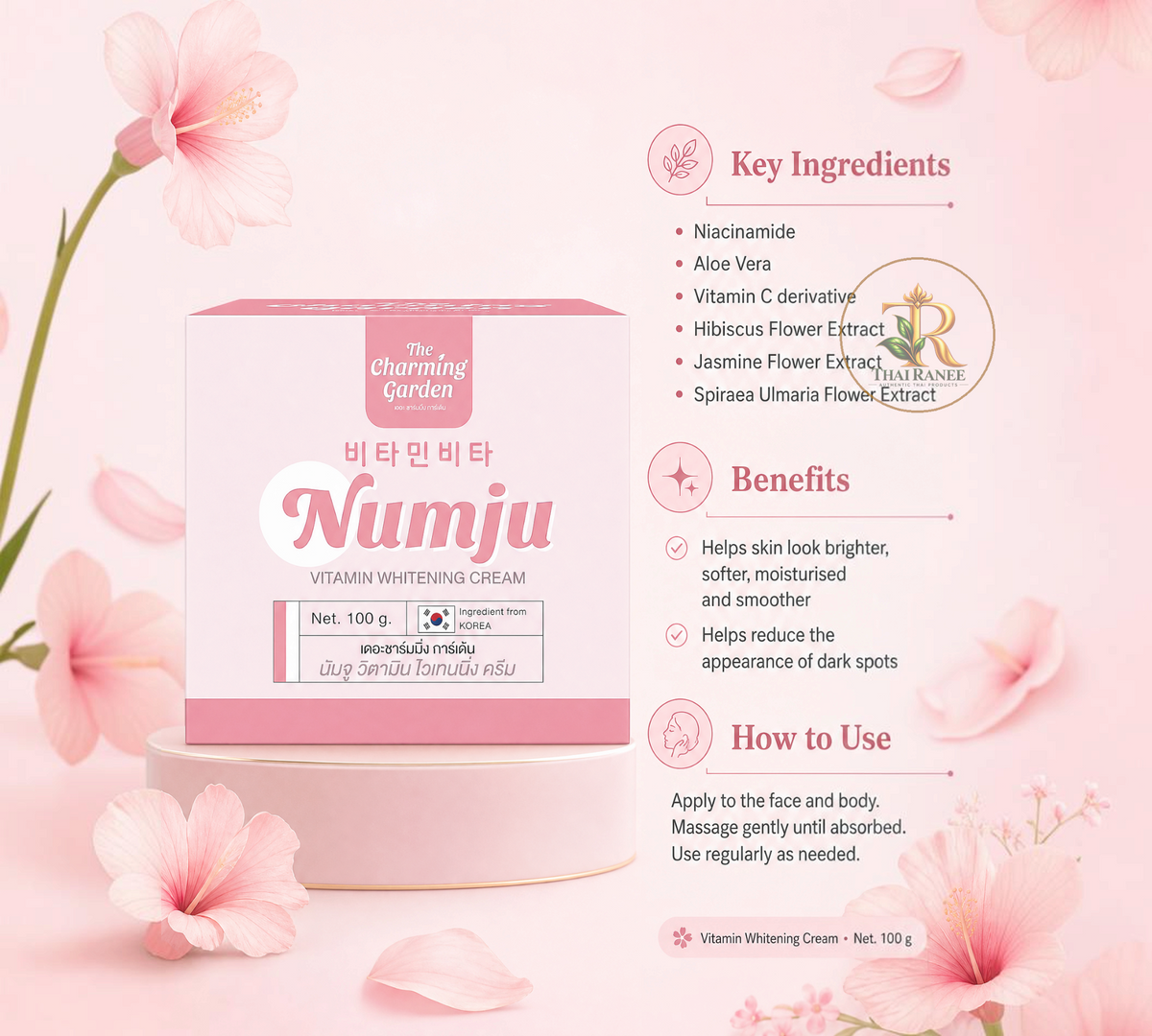 Thai Ranee The Charming Garden Numju Vitamin Whitening Cream box with key ingredients and benefits listed