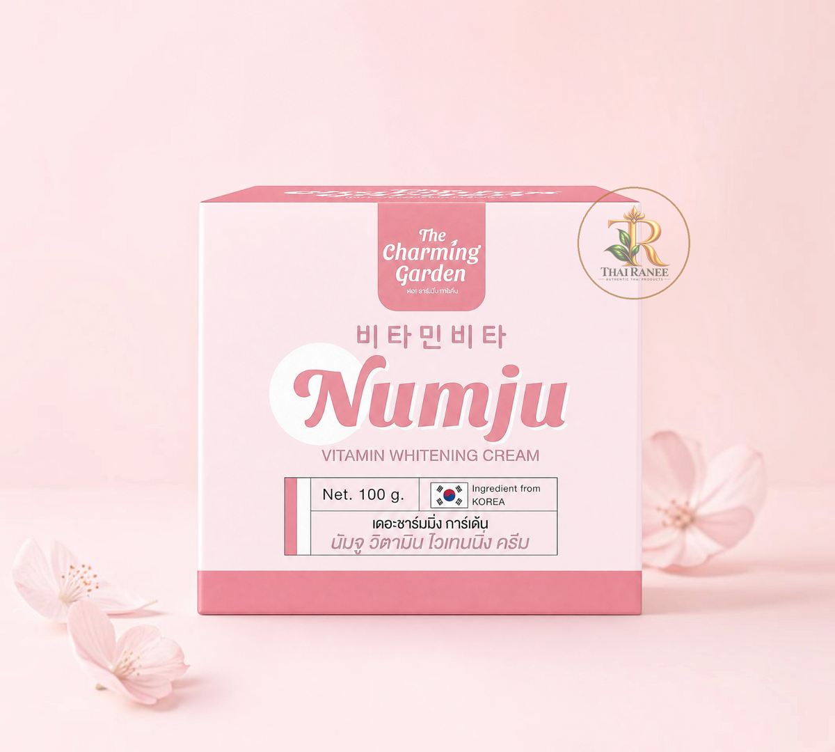 Thai Ranee The Charming Garden Numju Vitamin Whitening Cream in a pink 100g box with Korean botanical ingredients.
