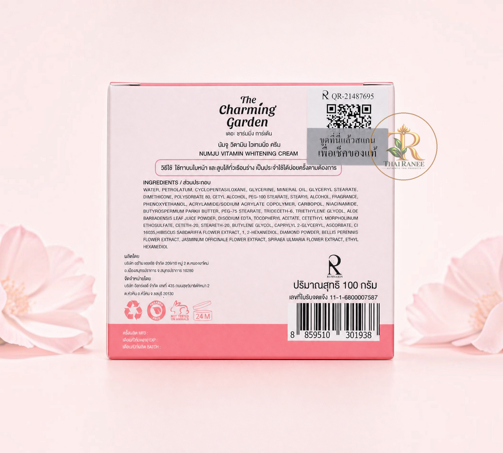 Thai Ranee The Charming Garden Numju Vitamin Whitening Cream 100g box with ingredient list and product details.