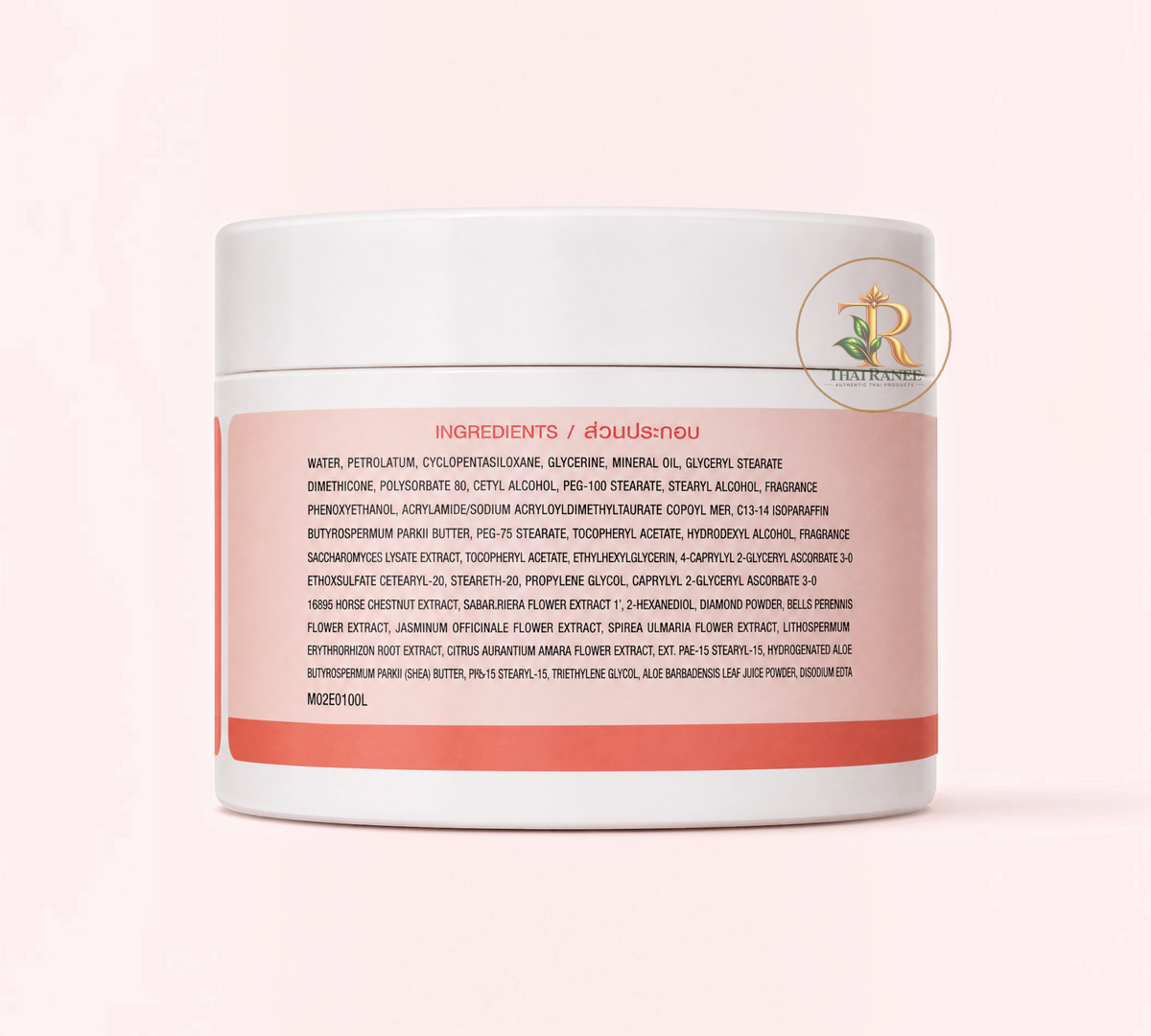 Thai Ranee Numju Vitamin Whitening Cream 100g jar showing detailed ingredient list on a soft pink label