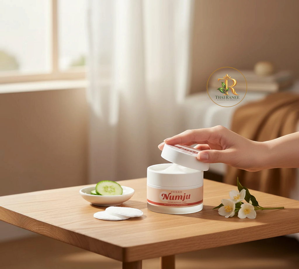 Thai Ranee Numju Vitamin Whitening Cream jar being opened by a hand on a wooden table with cucumber and jasmine flowers