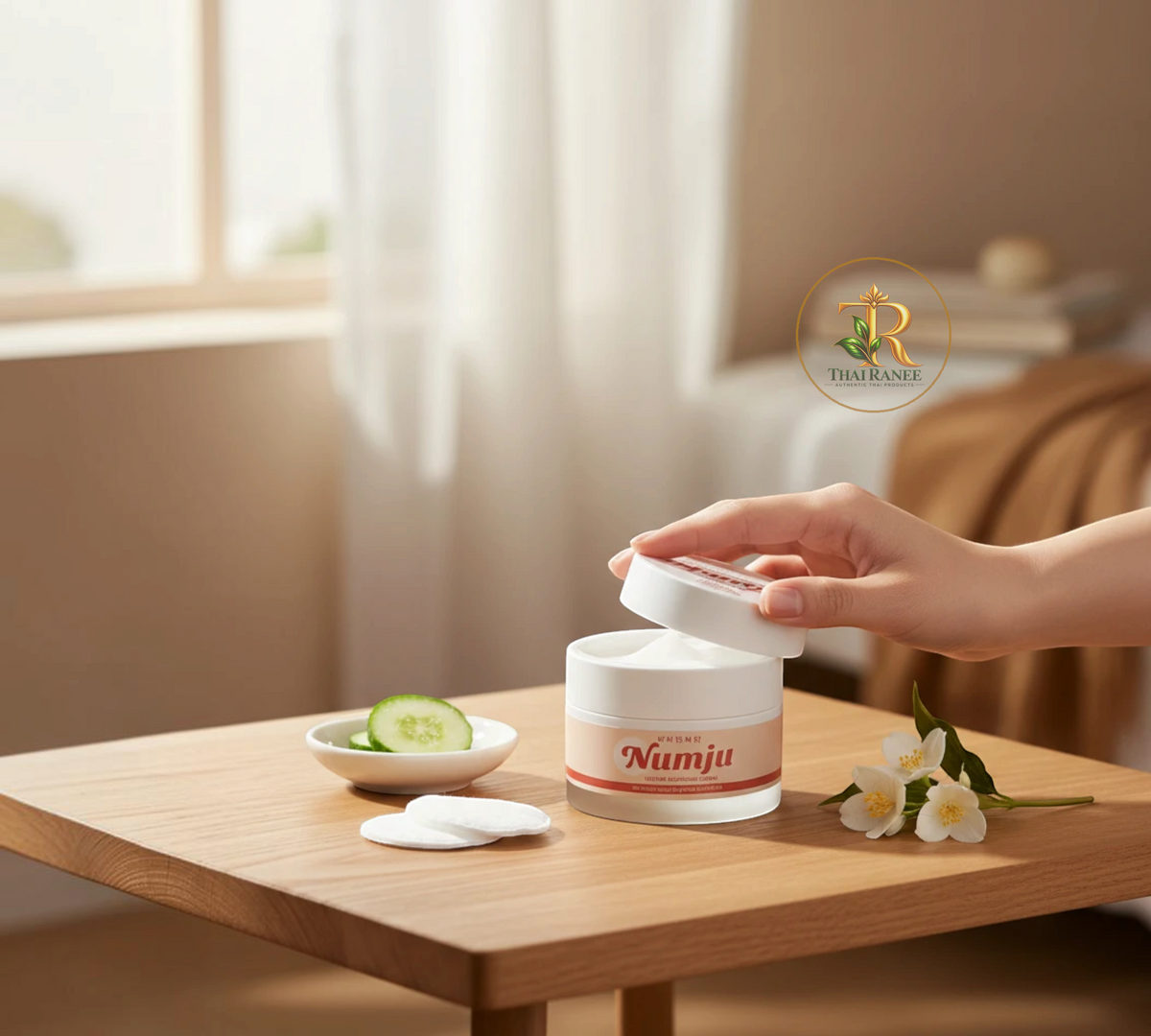 Thai Ranee Numju Vitamin Whitening Cream jar being opened by a hand on a wooden table with cucumber and jasmine flowers