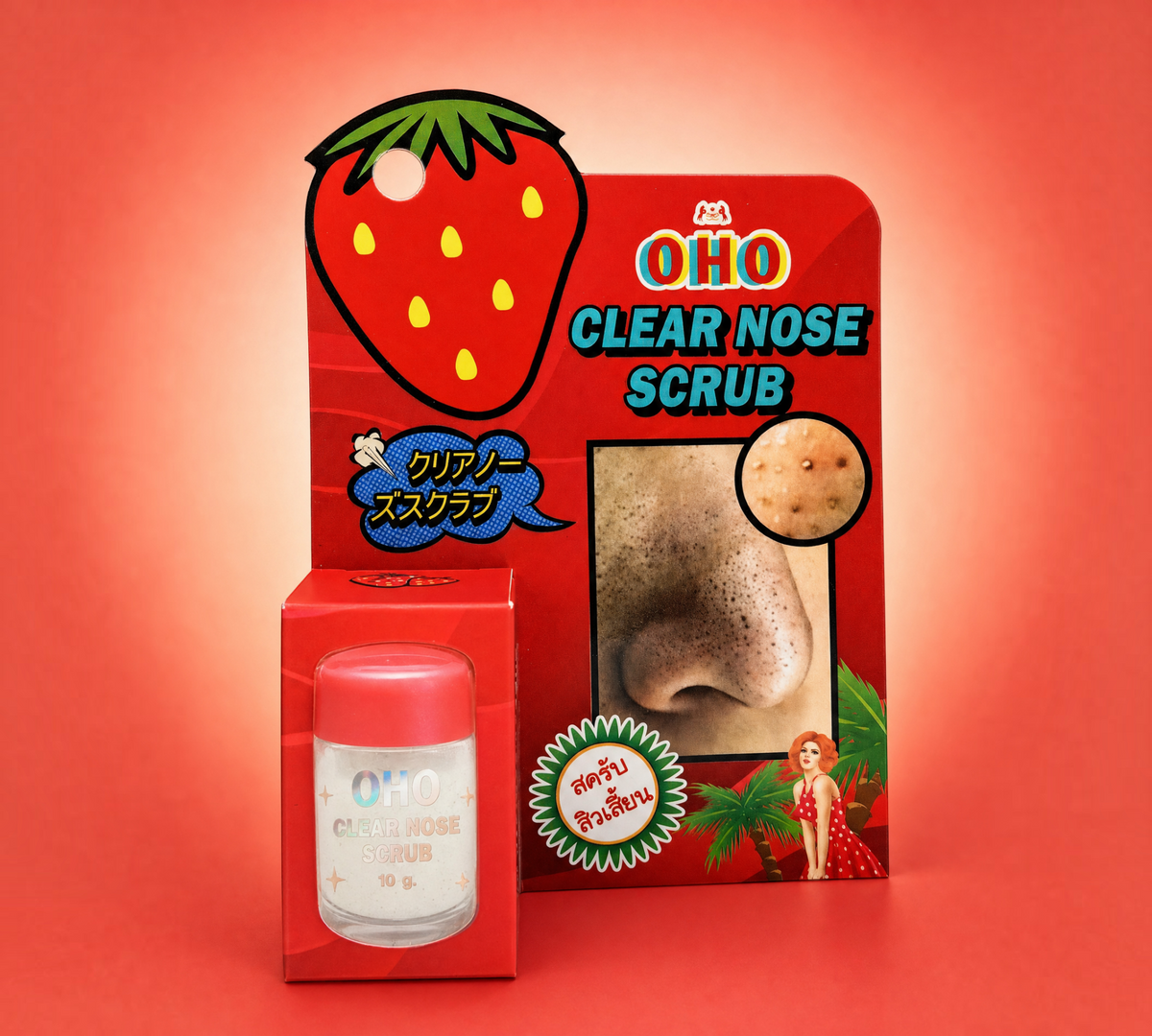 Thai Ranee OHO Clear Nose Scrub exfoliating treatment in red strawberry-themed packaging for blackhead removal.