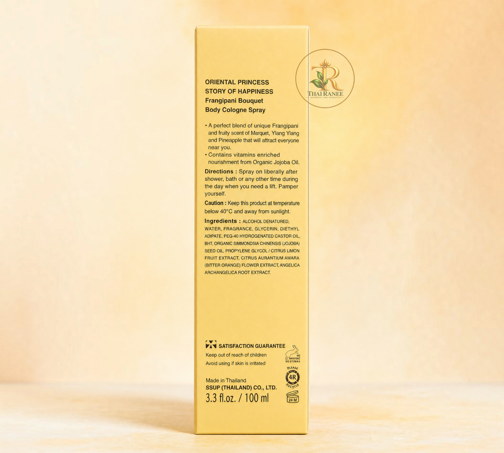 Thai Ranee Oriental Princess Frangipani Bouquet body cologne spray packaging back view with ingredients and directions