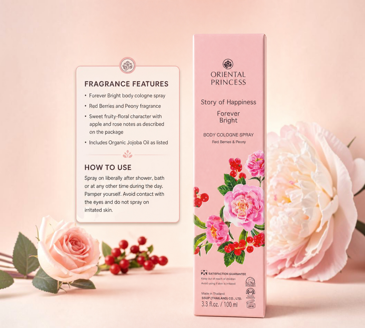 Thai Ranee Oriental Princess Forever Bright body cologne spray with red berries and peony floral design on packaging