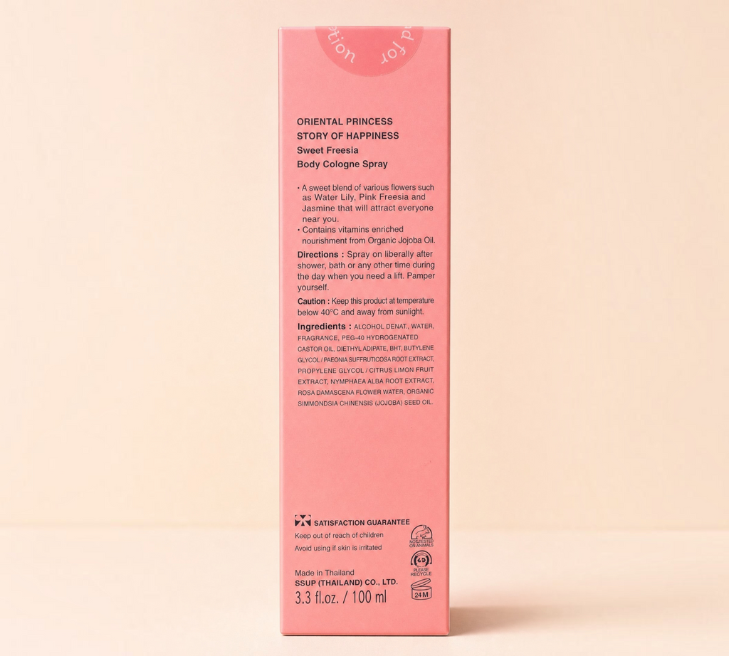 Thai Ranee Oriental Princess Sweet Freesia body cologne spray box with floral fragrance details and ingredients list.