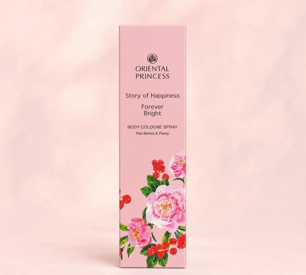 Thai Ranee Oriental Princess Forever Bright body cologne spray with red berries and peony floral design