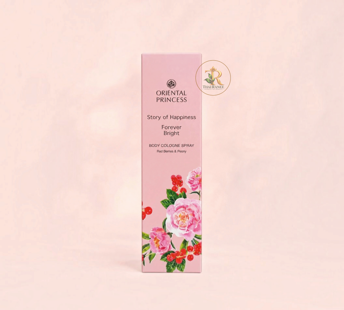 Thai Ranee Oriental Princess Forever Bright body cologne spray with red berries and peony floral design
