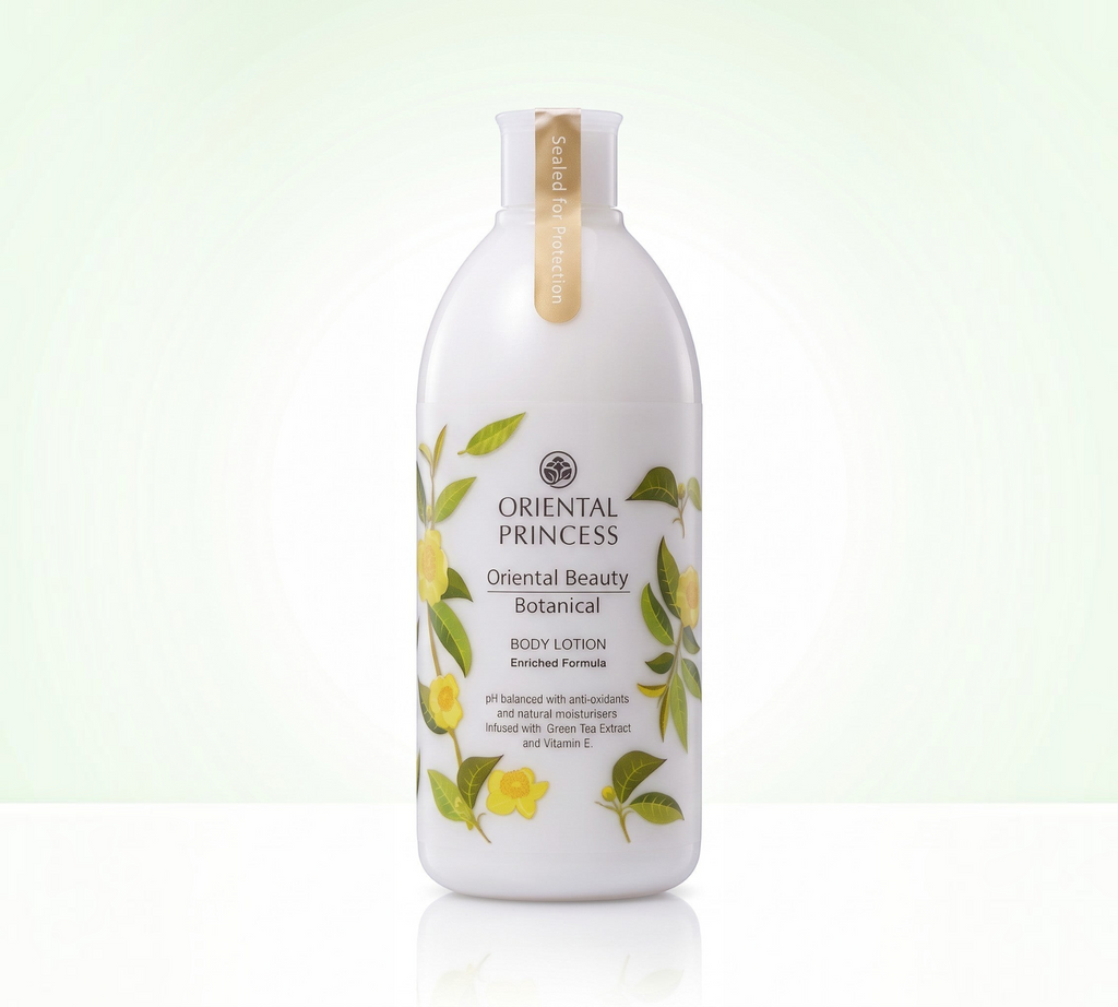 Thai Ranee Oriental Princess Oriental Beauty Botanical body lotion bottle with green tea and floral print design.