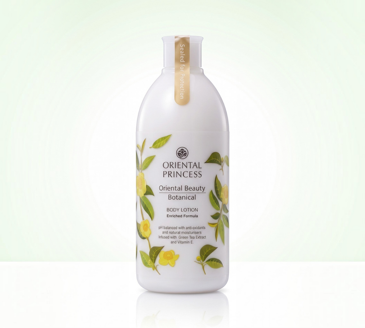 Thai Ranee Oriental Princess Oriental Beauty Botanical body lotion bottle with green tea and floral print design.