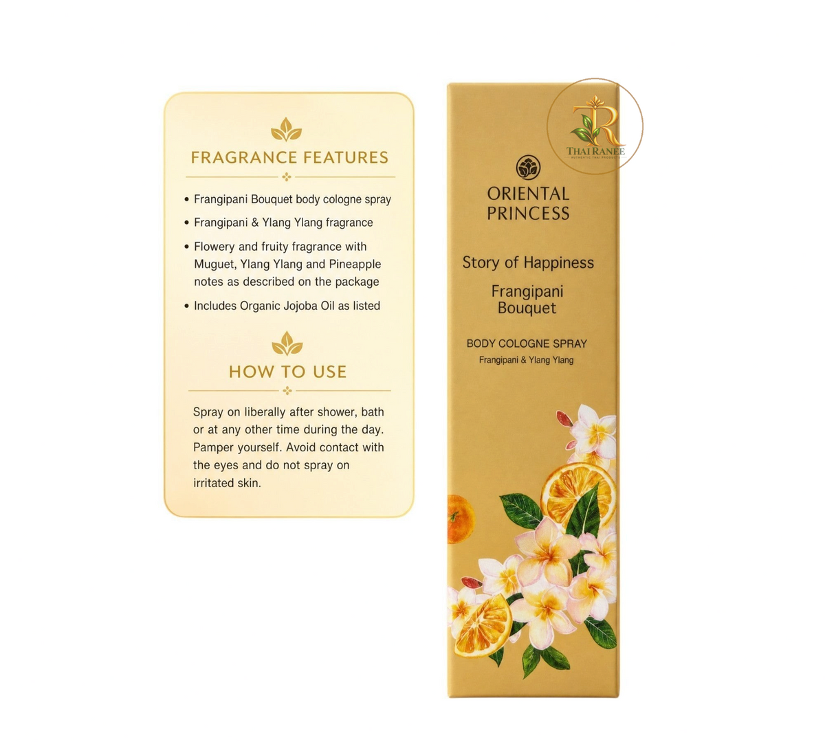 Thai Ranee Oriental Princess Frangipani Bouquet body cologne spray in gold packaging with floral and citrus illustrations