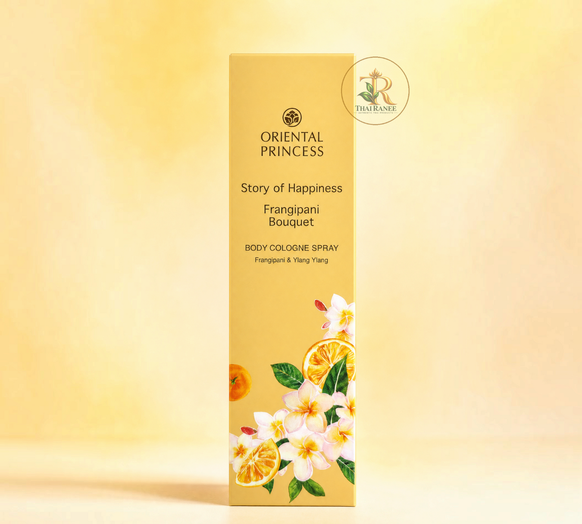 Thai Ranee Oriental Princess Story of Happiness Frangipani Bouquet body cologne spray in a yellow floral bottle
