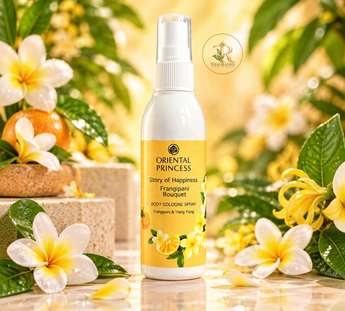 Thai Ranee Oriental Princess Frangipani Bouquet body cologne spray with floral notes, surrounded by tropical flowers.