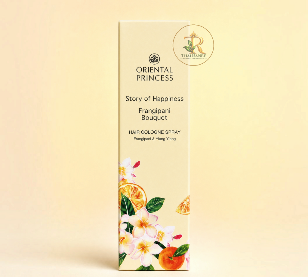 Thai Ranee Oriental Princess Story of Happiness Frangipani Bouquet hair cologne spray in a floral illustrated bottle
