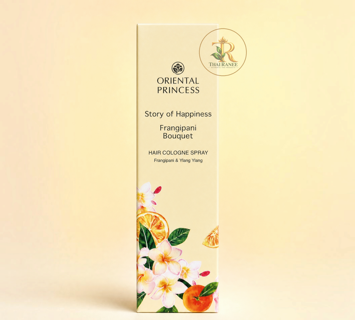 Thai Ranee Oriental Princess Story of Happiness Frangipani Bouquet hair cologne spray in a floral illustrated bottle