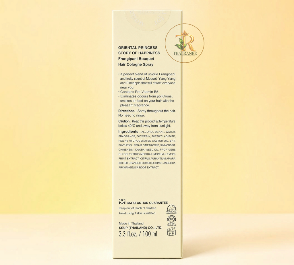 Thai Ranee Oriental Princess Frangipani Bouquet hair cologne spray bottle back label with ingredients and directions