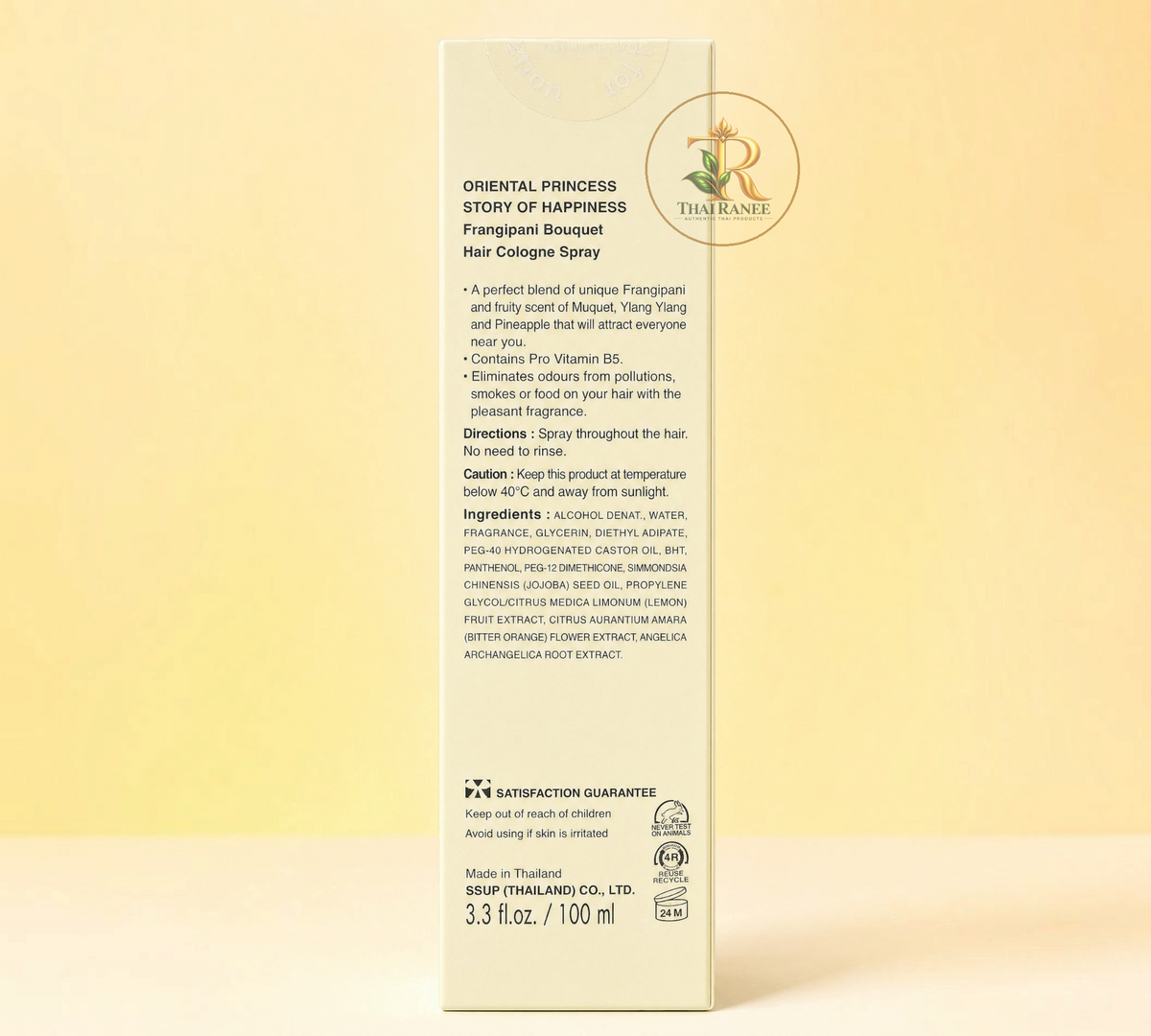 Thai Ranee Oriental Princess Frangipani Bouquet hair cologne spray bottle back label with ingredients and directions