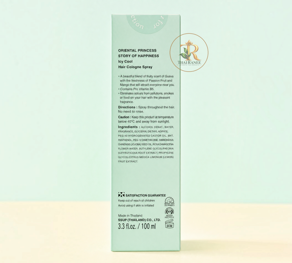 Thai Ranee Oriental Princess Icy Cool Hair Cologne Spray packaging back view with ingredients and usage instructions