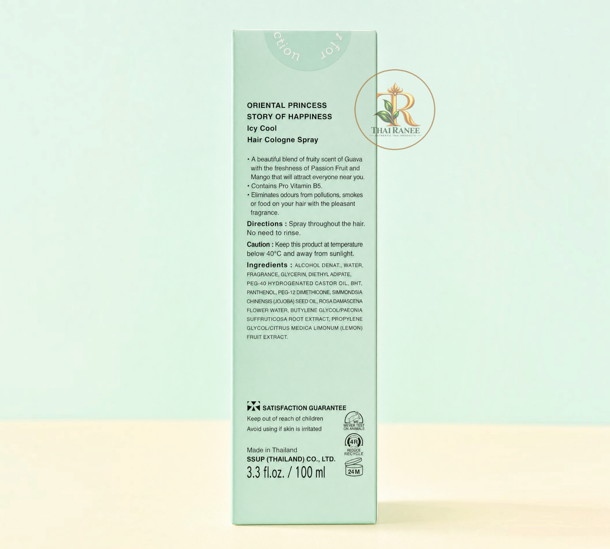 Thai Ranee Oriental Princess Icy Cool Hair Cologne Spray packaging back view with ingredients and usage instructions