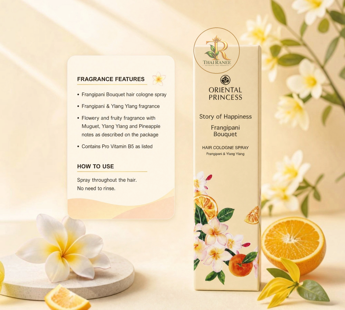 Thai Ranee Oriental Princess Frangipani Bouquet hair cologne spray bottle with floral and citrus botanical packaging