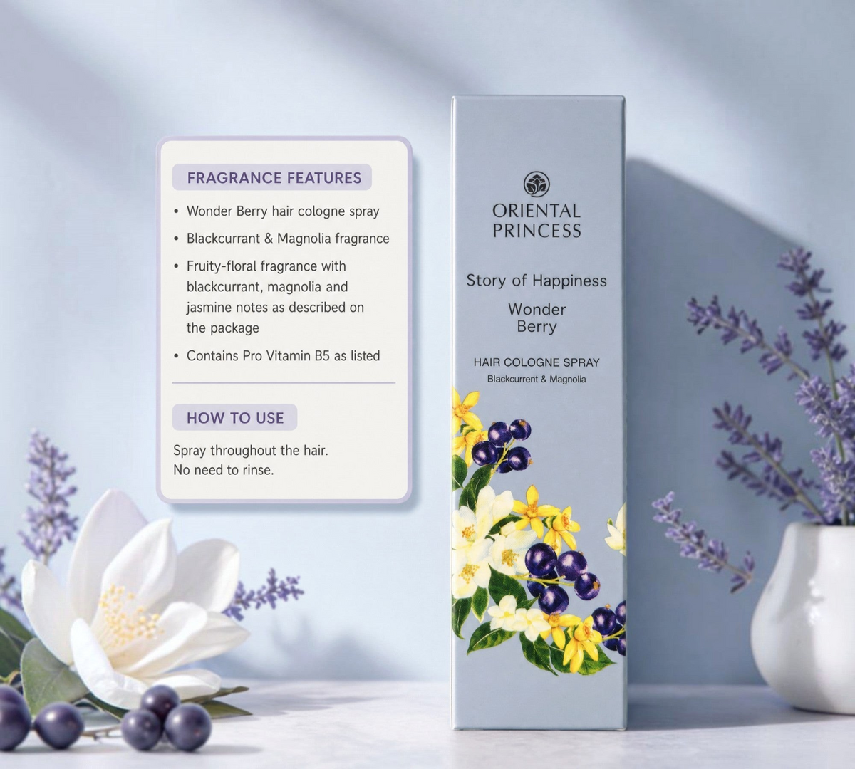 Thai Ranee Oriental Princess Wonder Berry hair cologne spray bottle with floral and blackcurrant berry illustrations