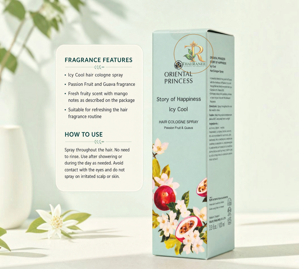 Thai Ranee Oriental Princess Icy Cool hair cologne spray bottle with passion fruit and guava botanical illustration