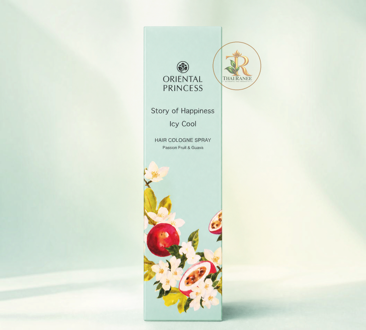 Thai Ranee Oriental Princess Icy Cool hair cologne spray bottle with passion fruit and guava floral illustration