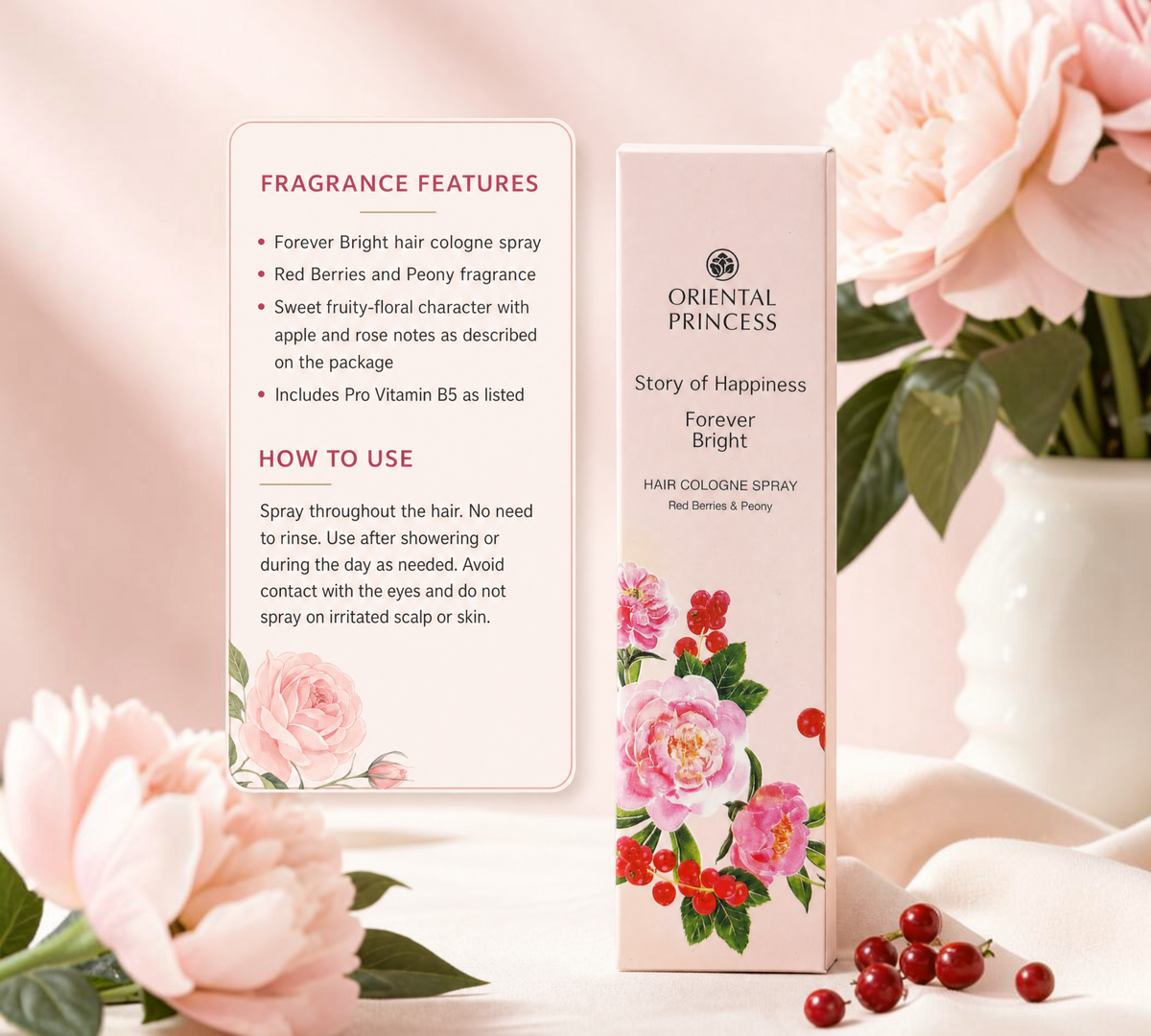 Thai Ranee Oriental Princess Forever Bright hair cologne spray in a floral box with red berries and peony illustrations.