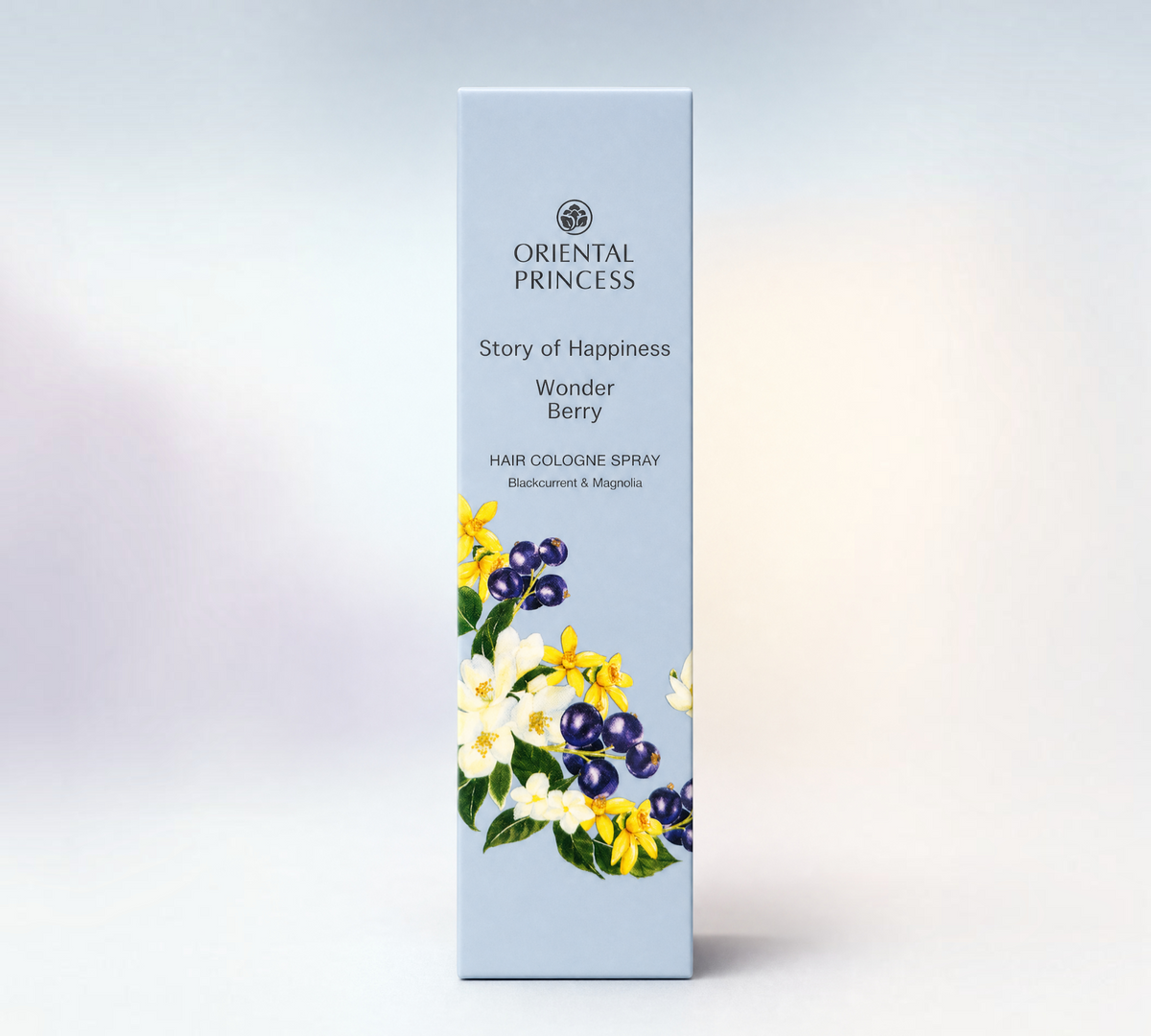 Thai Ranee Oriental Princess Wonder Berry hair cologne spray bottle featuring blackcurrant and floral illustrations.
