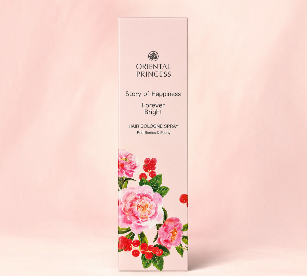 Thai Ranee Oriental Princess Forever Bright hair cologne spray bottle featuring floral peony and red berry design.