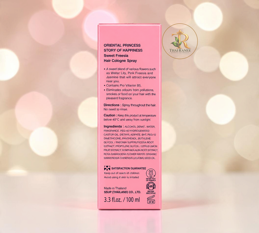 Thai Ranee Oriental Princess Sweet Freesia hair cologne spray bottle back label with ingredients and instructions