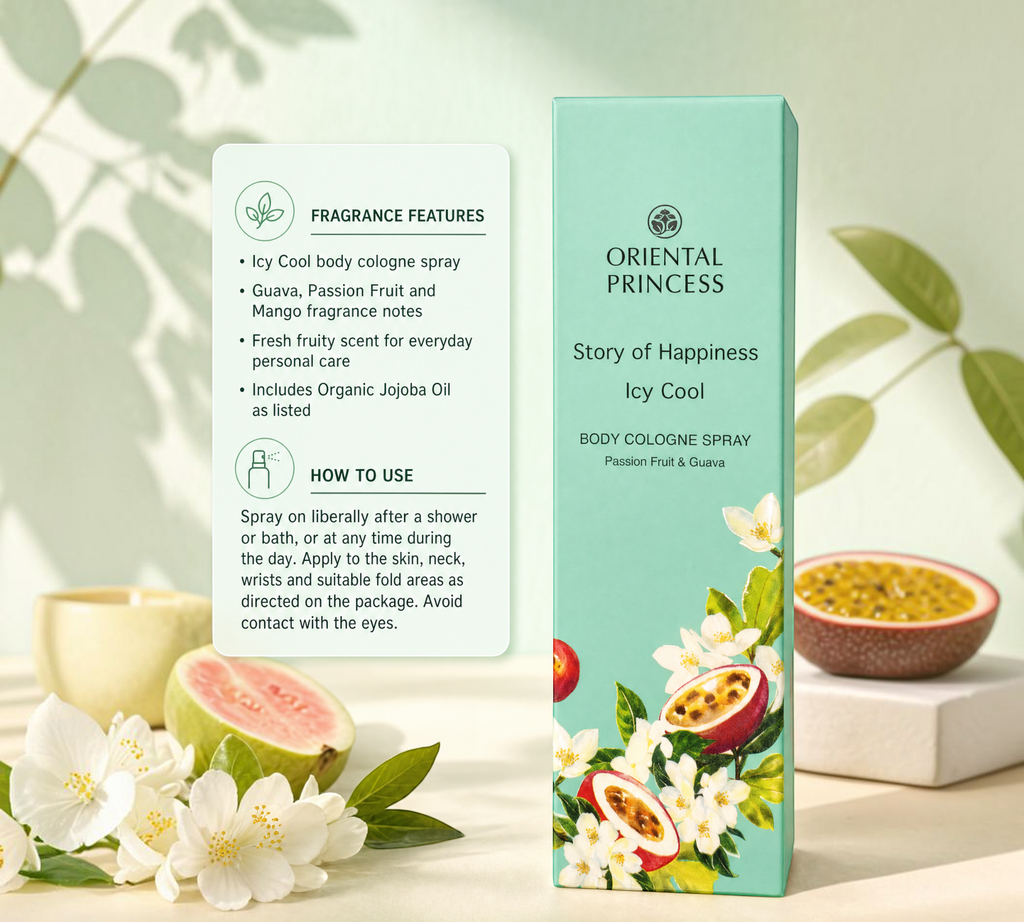 Thai Ranee Oriental Princess Icy Cool body cologne spray box with guava, passion fruit, and jasmine flower graphics.