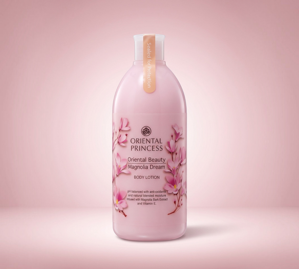 Thai Ranee Oriental Princess Magnolia Dream body lotion in a pink bottle with floral magnolia illustrations