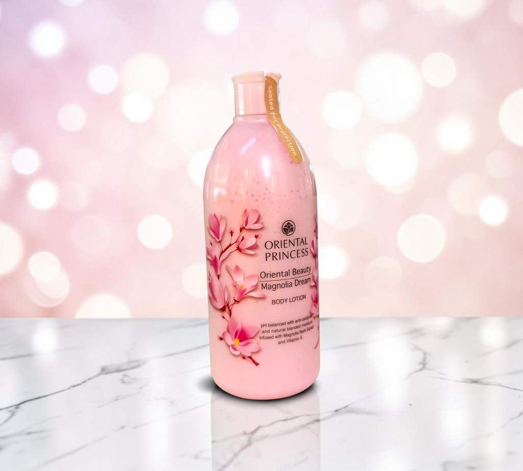 Thai Ranee Oriental Princess Magnolia Dream body lotion in a pink bottle with floral magnolia print and protective seal